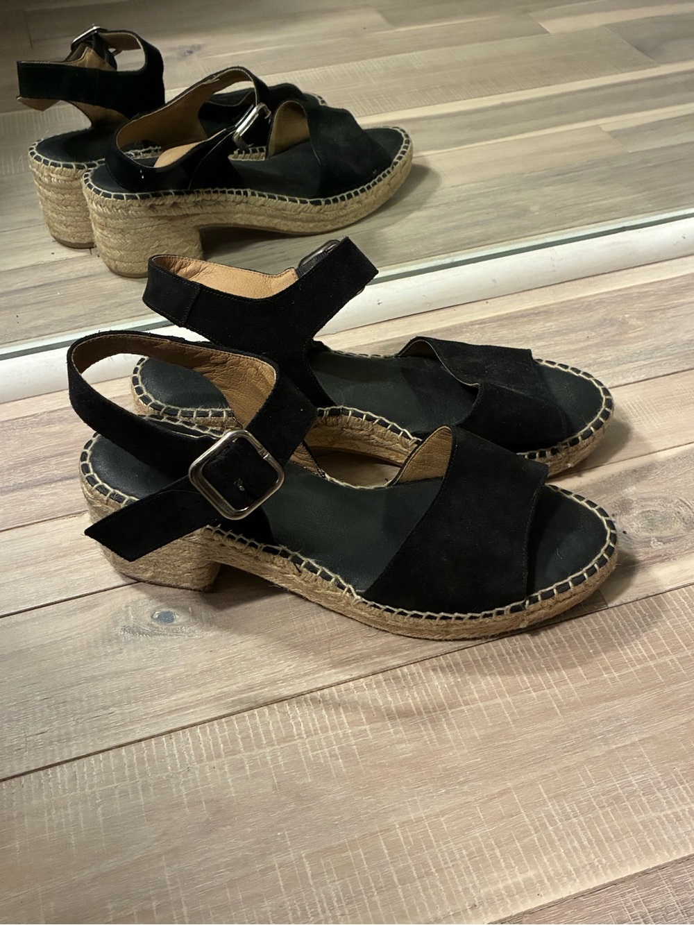 Black Suede Espadrille Sandals with Buckle Strap